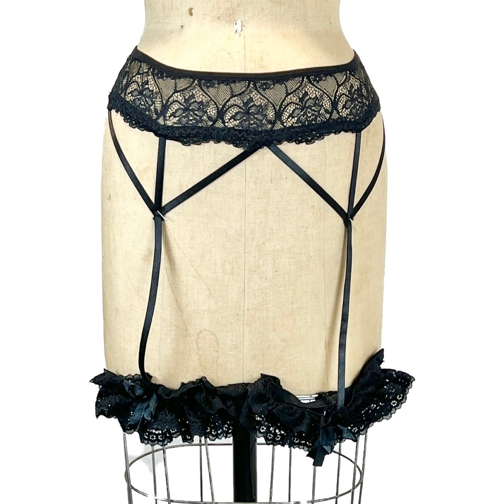 Black lace ruffle garter belt lingerie sexy attached strappy garter satin bow